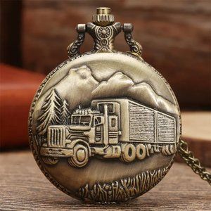 Truck Antique Bronze Pocket Watch with Chain Necklace